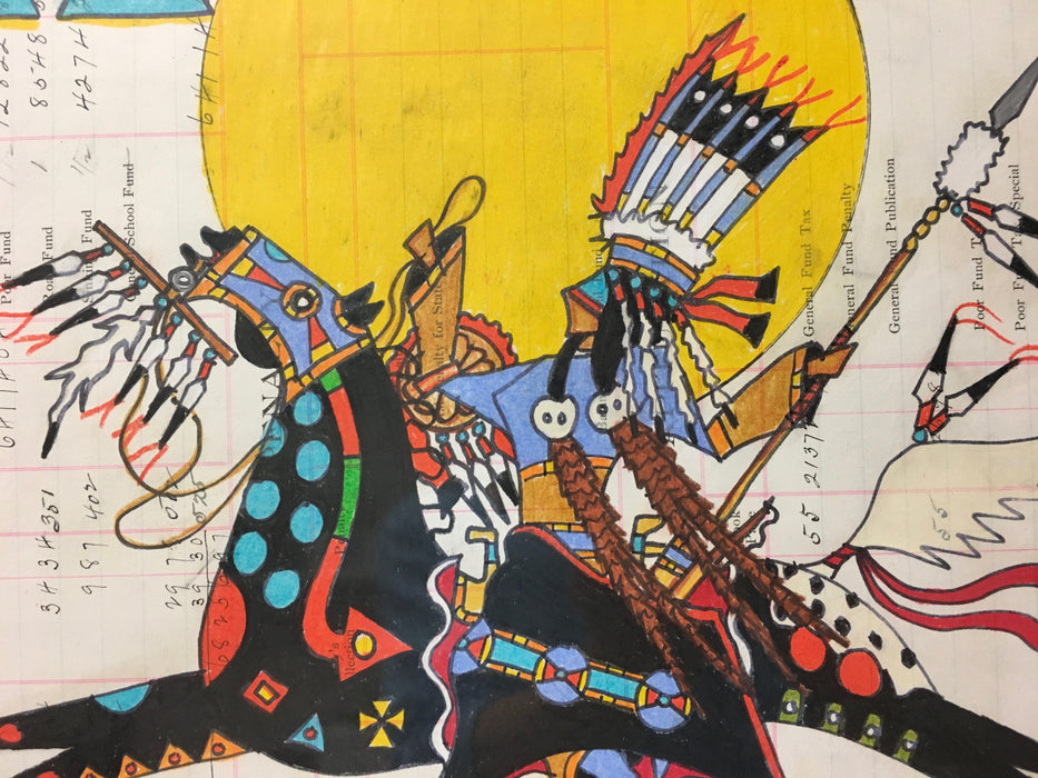 Ledger Art, by Terrance Guardipee, at Raven Makes Native American Indian Fine Art Gallery in Oregon