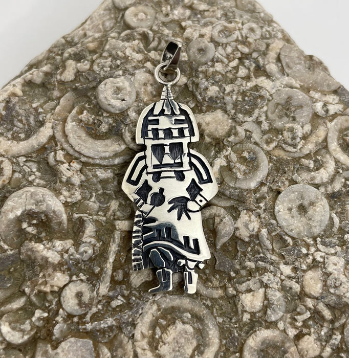 Hopi Kachina Dancer Silver Overlay Pendant, by  Marcus Lomayestewa