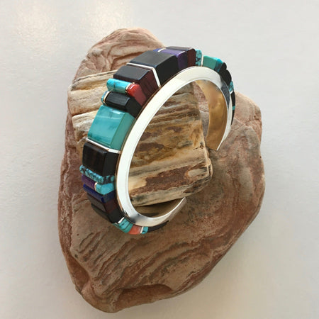 Silver Channel and Precious Stones Inlay Bracelet by Sonwai at Raven Makes Gallery Sisters Oregon, Sowai Bracelet