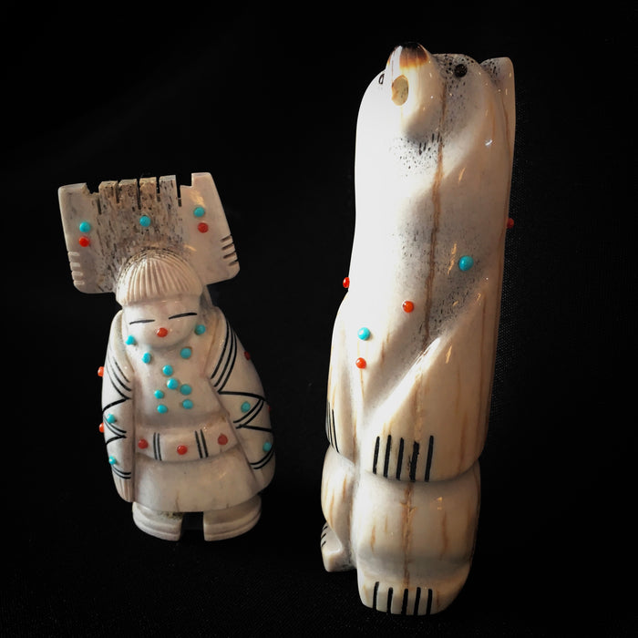 Antler Zuni Carvings of Bears and Maidens, by Claudia Peina, at Raven Makes Gallery