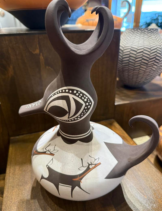 White Slipped Zuni Duck Pot with Deer, by Anderson Peynetsa