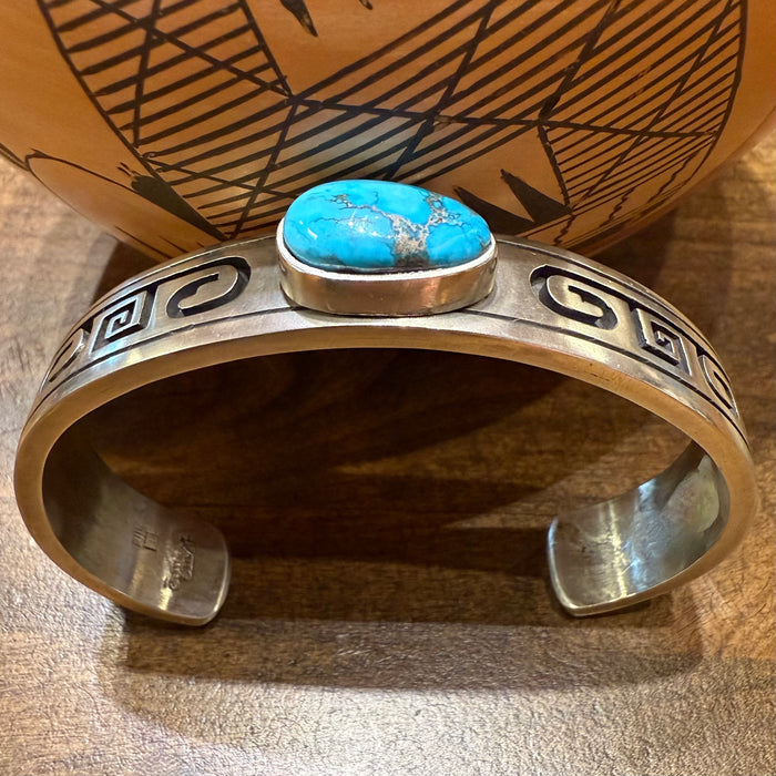Coin Silver Bracelet, with Apache Blue Turquoise, by Gerald Lomaventema