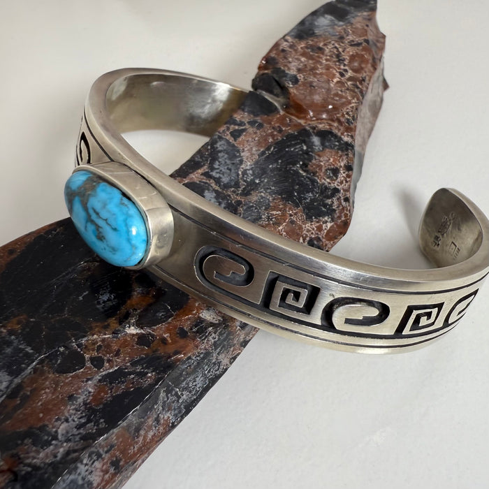 Coin Silver Bracelet, with Apache Blue Turquoise, by Gerald Lomaventema