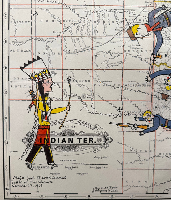 Major Joel Elliott's Command Battle of the Washita, 1882 Indian Territory Map, George Curtis Levi