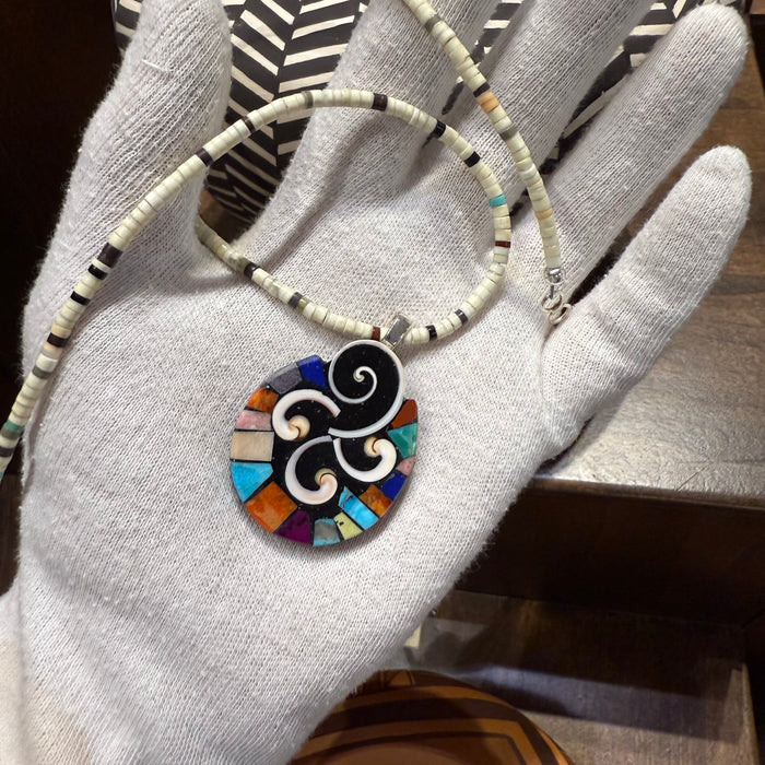 Mosaic Pendant and Heishi Necklace, by Mary Louise Tafoya