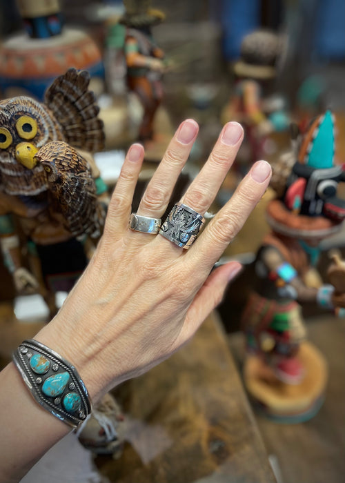 Eagle Dancer Kachina Silver Overlay Ring, by Berra Tawahongva