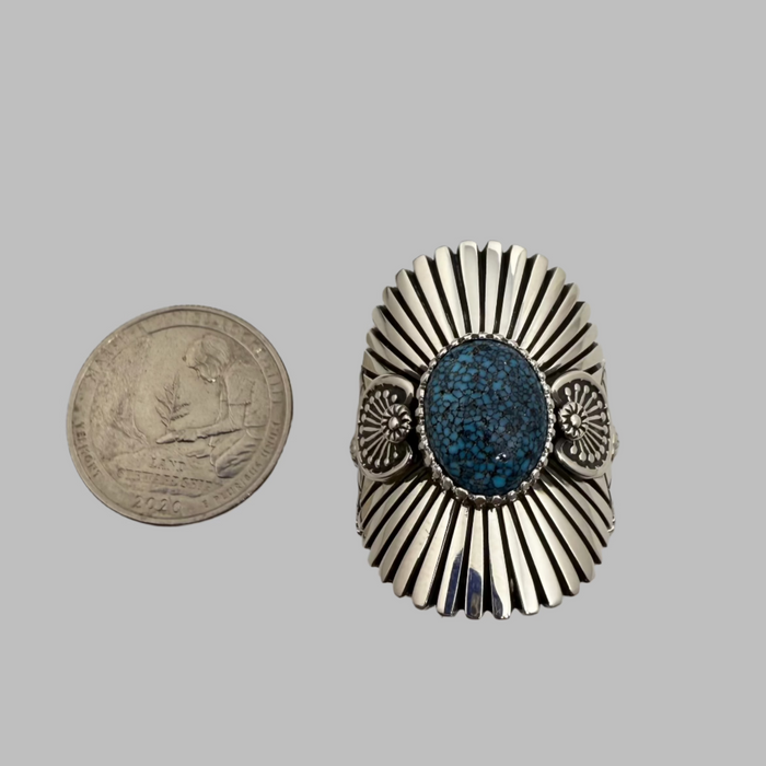 Heavy Gauge Stamped Silver and Kingman Microweb Turquoise Ring, by Ivan Howard