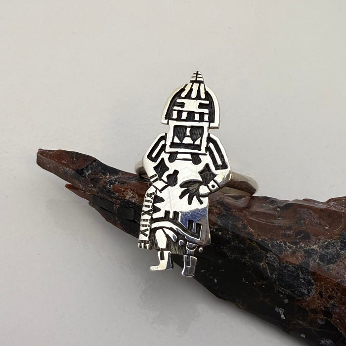 Hopi Kachina Dancer Silver Overlay Ring, by  Marcus Lomayestewa