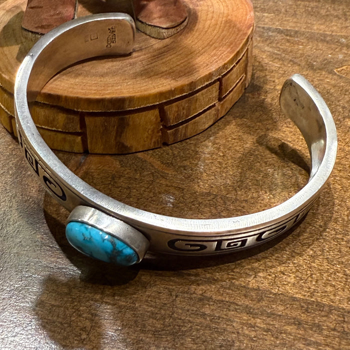 Coin Silver Bracelet, with Apache Blue Turquoise, by Gerald Lomaventema