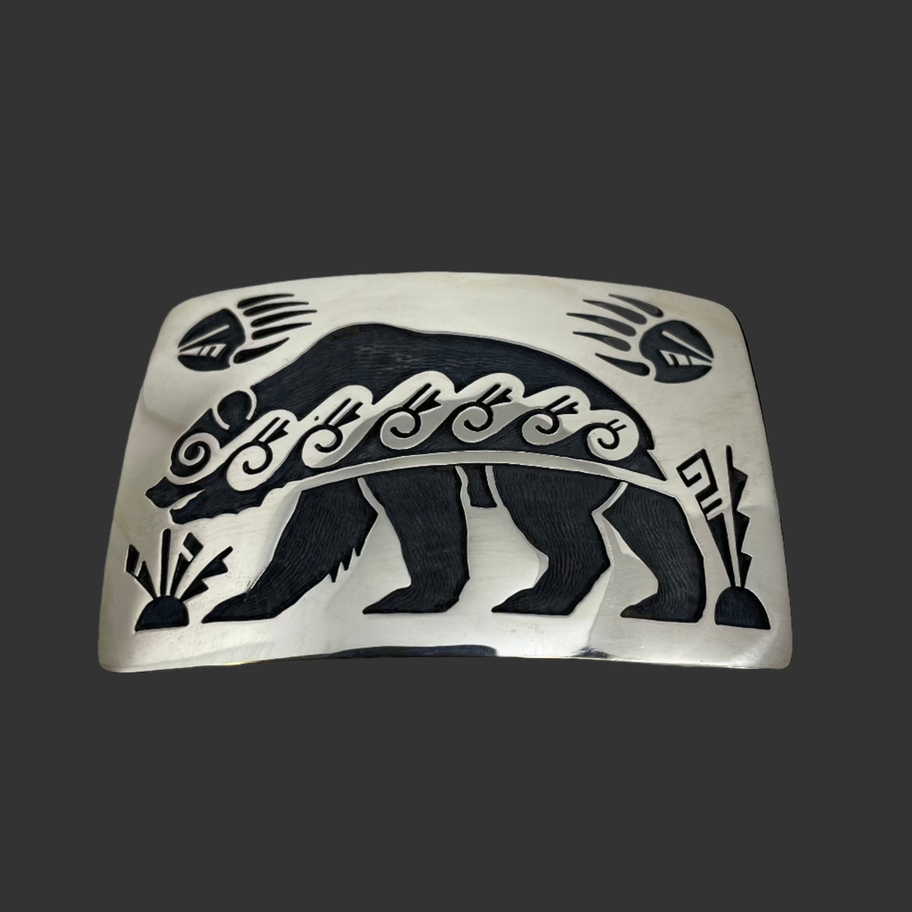 Hopi Bear Silver Overlay Belt Buckle, by Weaver Selina