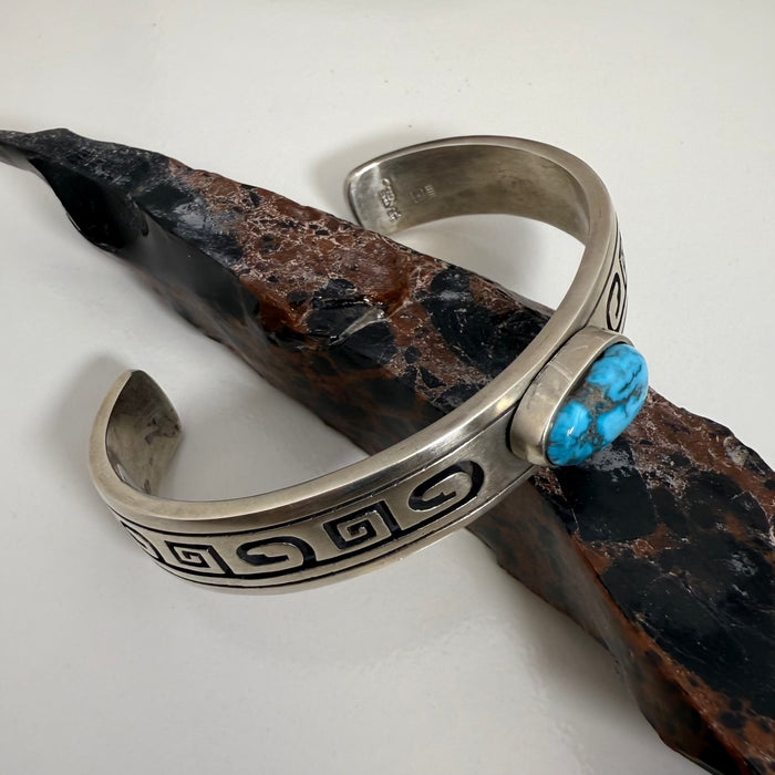 Coin Silver Bracelet, with Apache Blue Turquoise, by Gerald Lomaventema