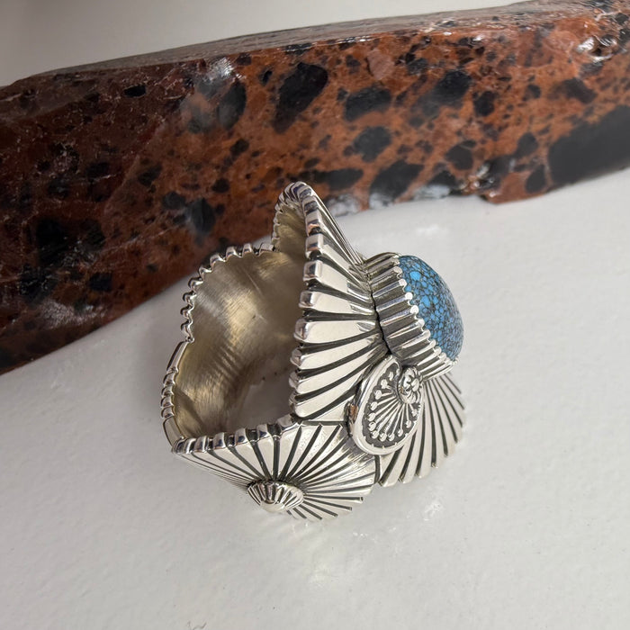 Heavy Gauge Stamped Silver and Kingman Microweb Turquoise Ring, by Ivan Howard