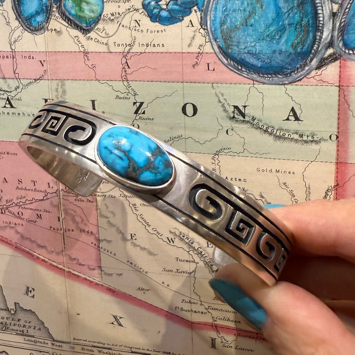Coin Silver Bracelet, with Apache Blue Turquoise, by Gerald Lomaventema
