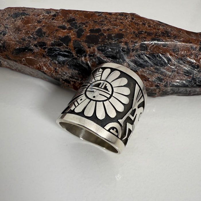 Sunface and Flute Player Silver Overlay Ring, by Berra Tawahongva