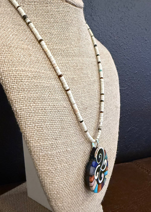 Mosaic Pendant and Heishi Necklace, by Mary Louise Tafoya