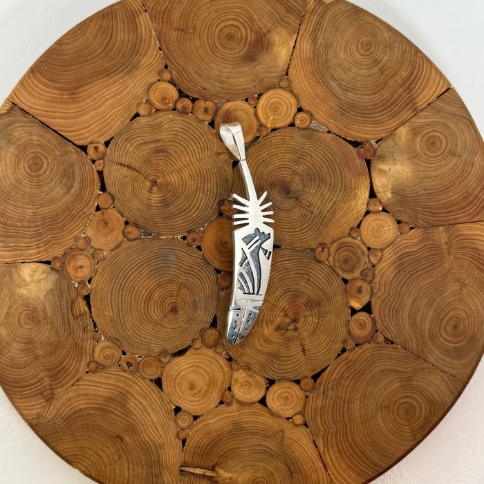 Hopi Medicine Bear and Feather Silver Overlay Pendant, by Willis Humeyestewa
