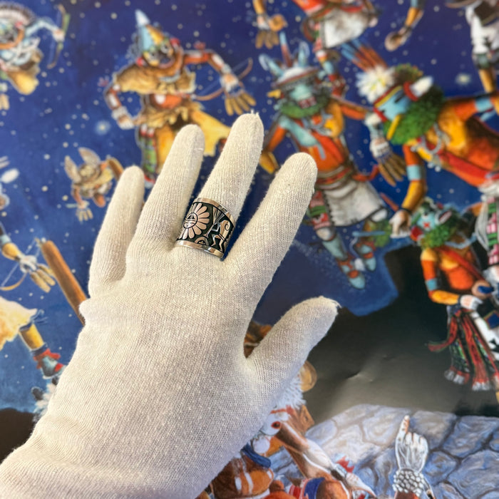 Sunface and Flute Player Silver Overlay Ring, by Berra Tawahongva