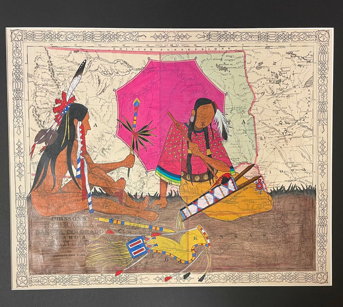 Ledger Art on Antique Maps, Native American Indian Ledger art for Sale