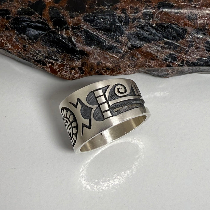 Sunface Tawa Hopi Silver Overlay Ring, by Lucion Koinva