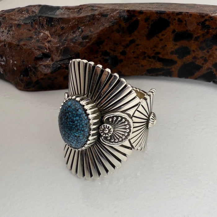 Heavy Gauge Stamped Silver and Kingman Microweb Turquoise Ring, by Ivan Howard