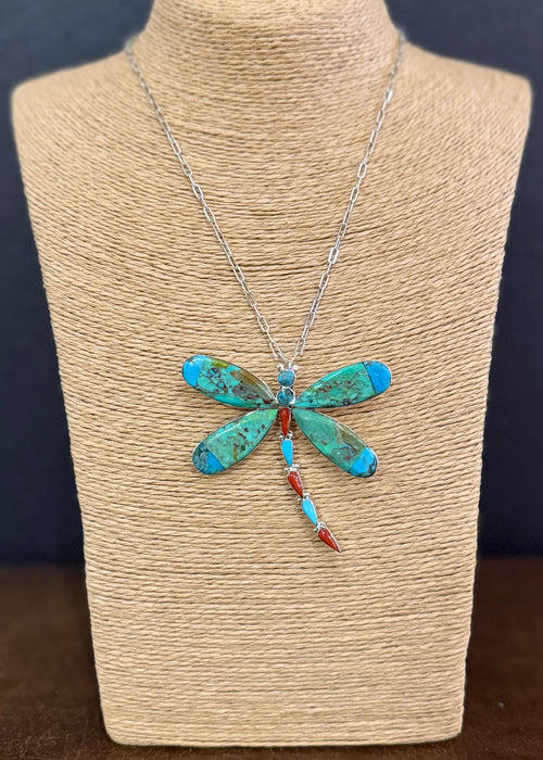Turquoise and Coral Inlay Dragonfly Pendant or Brooch, by Angus Ahiyite