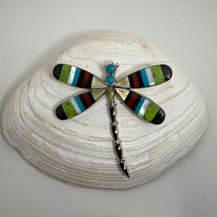 Turquoise and Shells Inlay Dragonfly Pendant or Brooch, by Angus Ahiyite