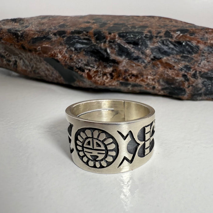 Sunface Tawa Hopi Silver Overlay Ring, by Lucion Koinva