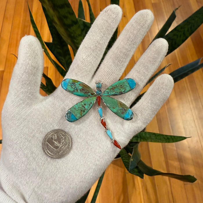 Turquoise and Coral Inlay Dragonfly Pendant or Brooch, by Angus Ahiyite