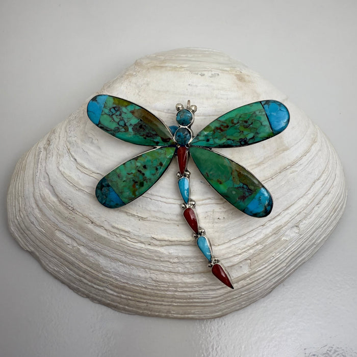 Turquoise and Coral Inlay Dragonfly Pendant or Brooch, by Angus Ahiyite
