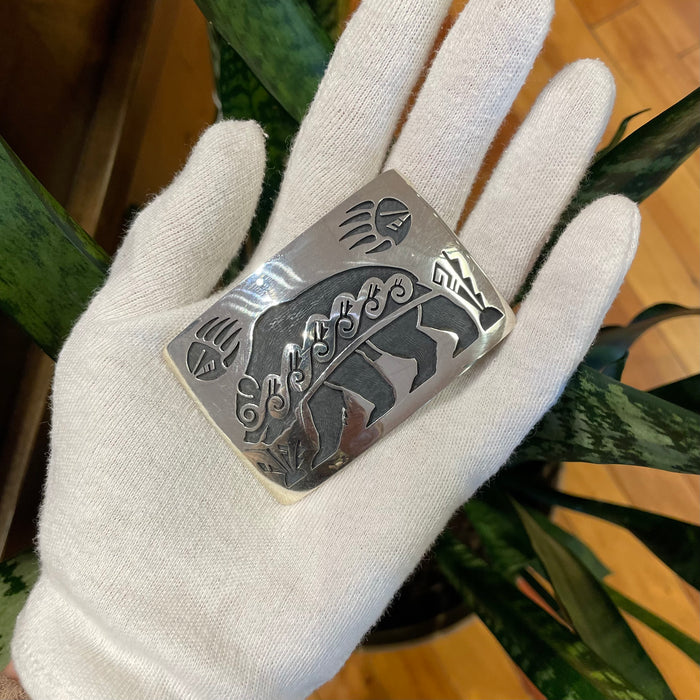 Hopi Bear Silver Overlay Belt Buckle, by Weaver Selina