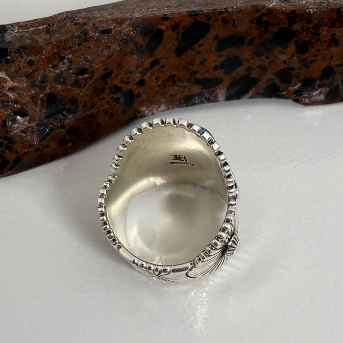 Heavy Gauge Stamped Silver and Kingman Microweb Turquoise Ring, by Ivan Howard