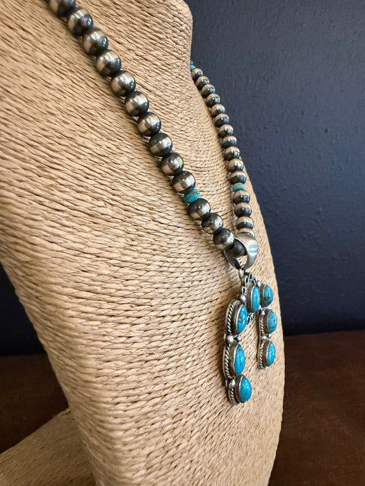 Navajo Naja Pendant with Contemporary Brushed Satin Navajo Pearls, by Geraldine James and Marilyn Platero