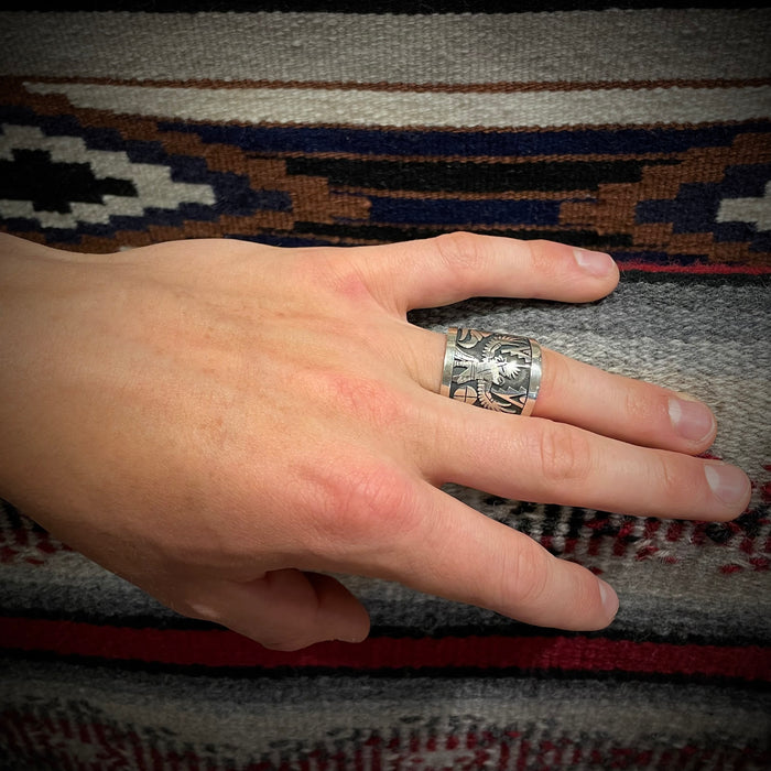 Eagle Dancer Kachina Silver Overlay Ring, by Berra Tawahongva