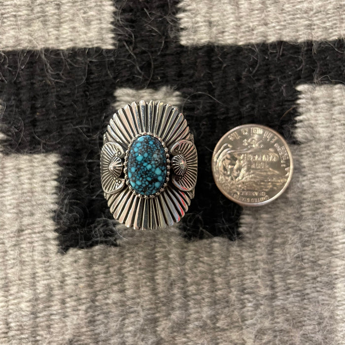 Heavy Gauge Stamped Silver and Kingman Webbed Gem Turquoise Ring, by Ivan Howard