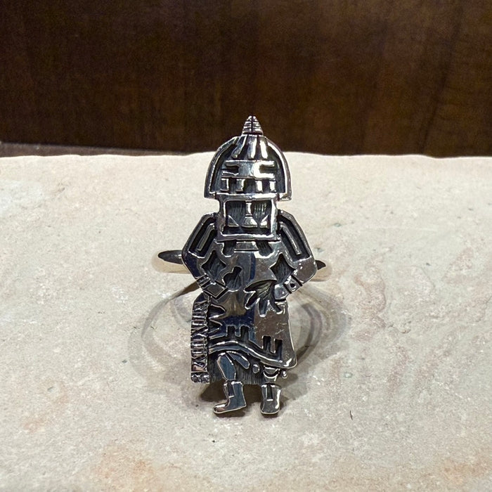 Hopi Kachina Dancer Silver Overlay Ring, by  Marcus Lomayestewa