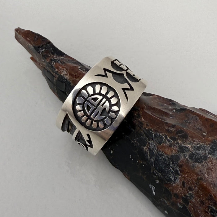 Sunface Tawa Hopi Silver Overlay Ring, by Lucion Koinva
