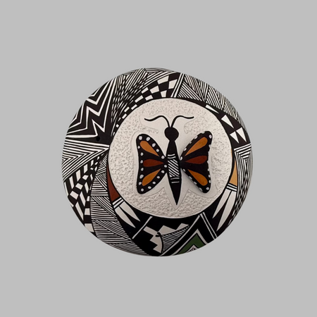 Round decorative pot with butterfly Native American Pottery Acoma