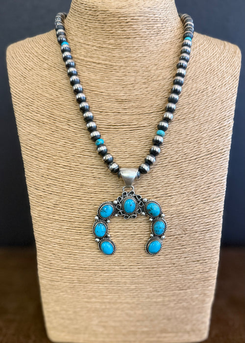 Navajo Naja Pendant with Contemporary Brushed Satin Navajo Pearls, by Geraldine James and Marilyn Platero