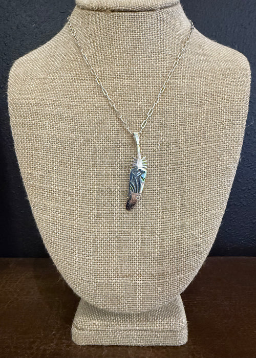 Hopi Medicine Bear and Feather Silver Overlay Pendant, by Willis Humeyestewa