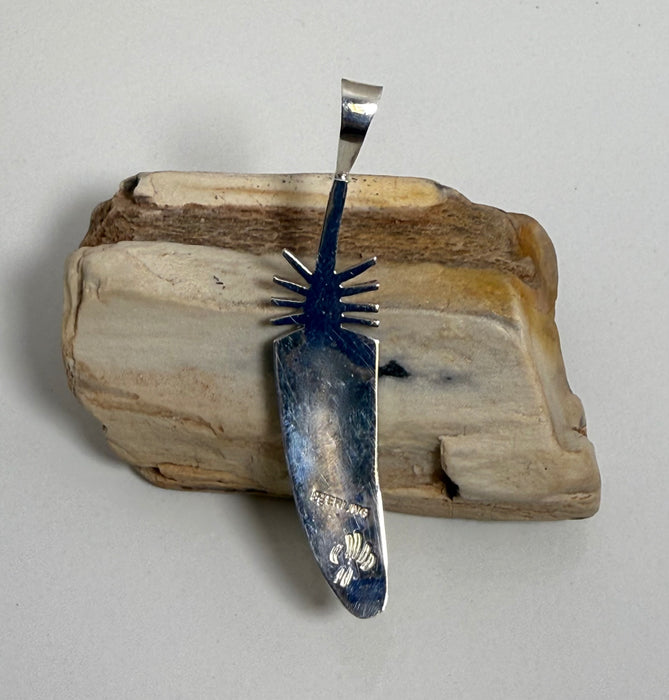 Hopi Medicine Bear and Feather Silver Overlay Pendant, by Willis Humeyestewa