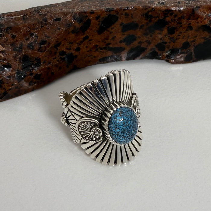 Heavy Gauge Stamped Silver and Kingman Microweb Turquoise Ring, by Ivan Howard