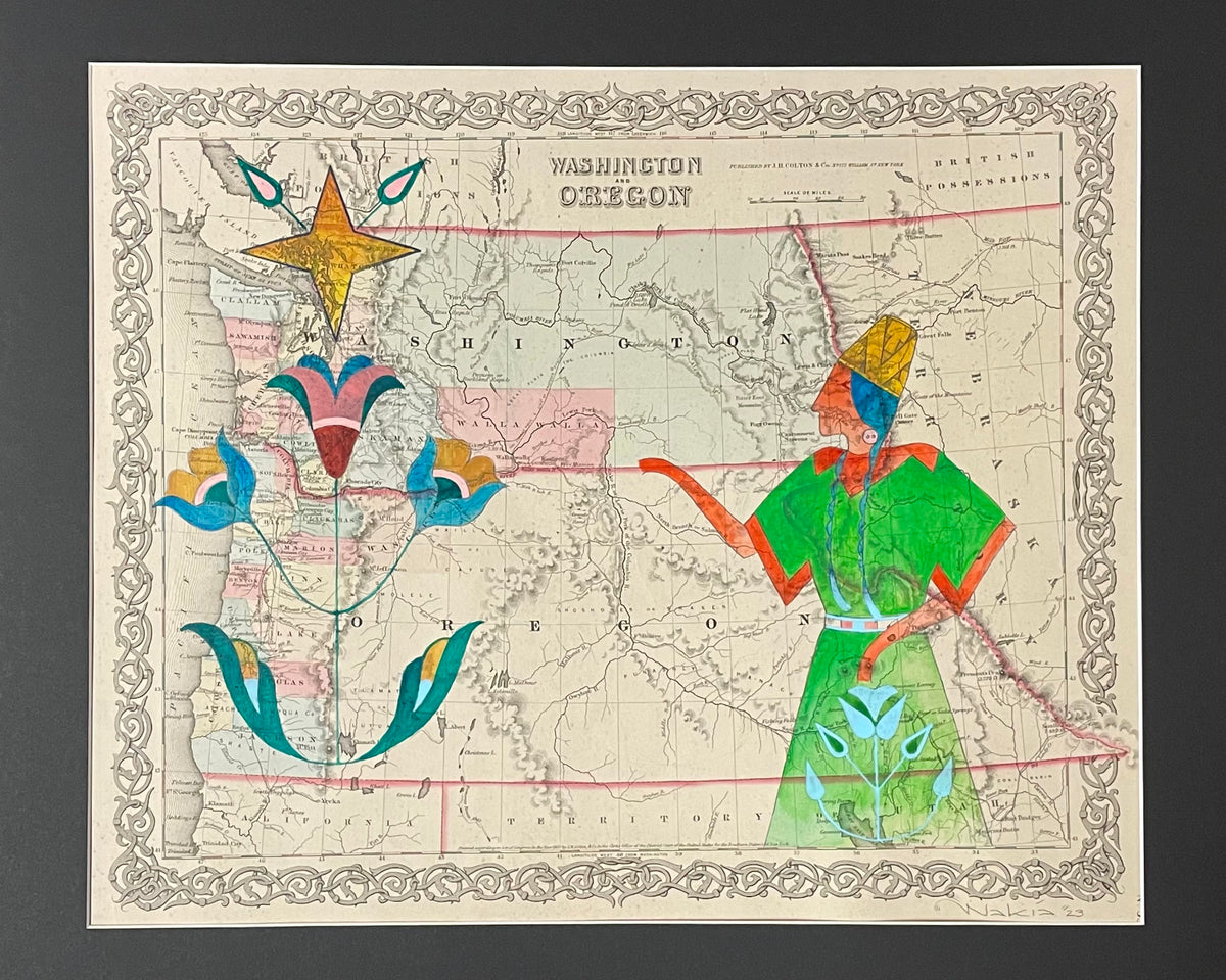 Ledger Art on Maps, Homelands Collection, Raven Makes Gallery