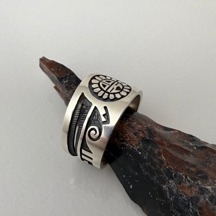 Sunface Tawa Hopi Silver Overlay Ring, by Lucion Koinva