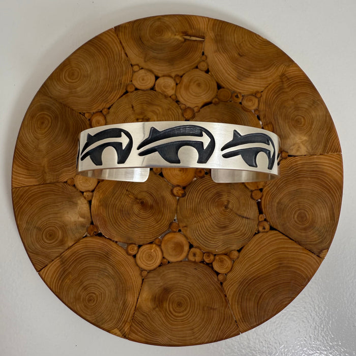 Hopi Silver Overlay Bear Design Bracelet, by Darren Seweyestewa