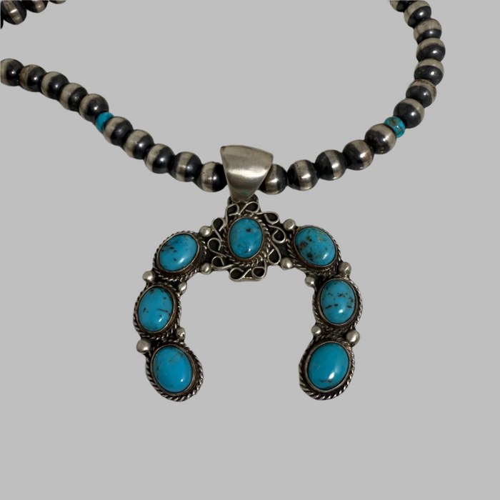 Navajo Naja Pendant with Contemporary Brushed Satin Navajo Pearls, by Geraldine James and Marilyn Platero
