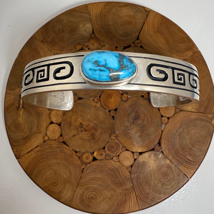 Coin Silver Bracelet, with Apache Blue Turquoise, by Gerald Lomaventema