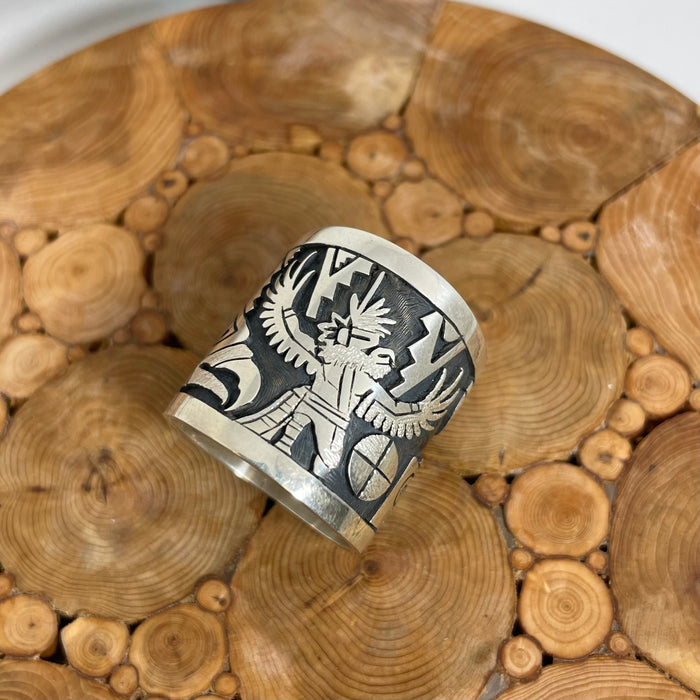 Eagle Dancer Kachina Silver Overlay Ring, by Berra Tawahongva