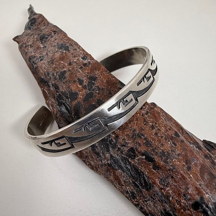 Hopi Silver Overlay Water Designs Bracelet, by Leon Lomakema
