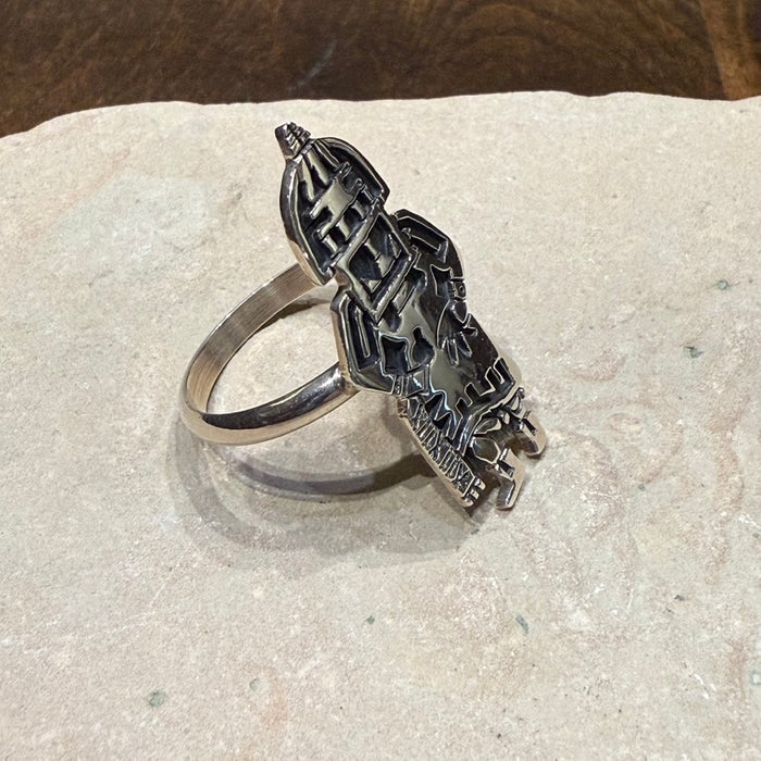 Hopi Kachina Dancer Silver Overlay Ring, by  Marcus Lomayestewa