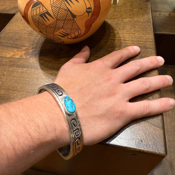 Coin Silver Bracelet, with Apache Blue Turquoise, by Gerald Lomaventema